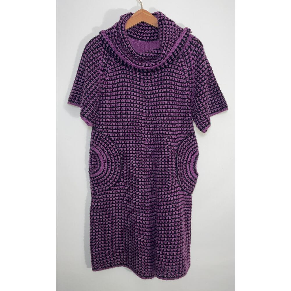 Bacci Cowl Neck Sweater Dress - Size M - Black, Purple Loose Knit, Radial Pocket